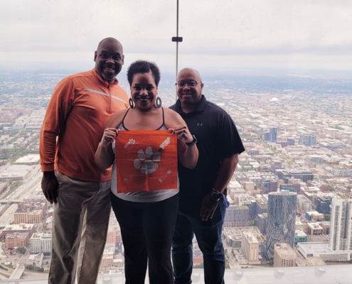 Illinois: John J. Evans \u201901, M \u201903, Paulette J. Evans \u201901 and Rondell A. Lee \u201905 visited the Skydeck on the 103rd floor of the Willis Tower in Chicago.